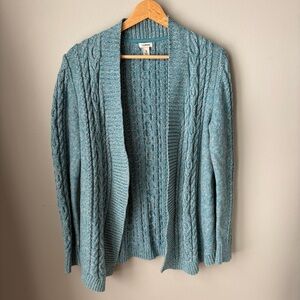 L.L Bean Women's Cable Knit Cotton Ragg Sweater Open Cardigan Blue Marl Size Med